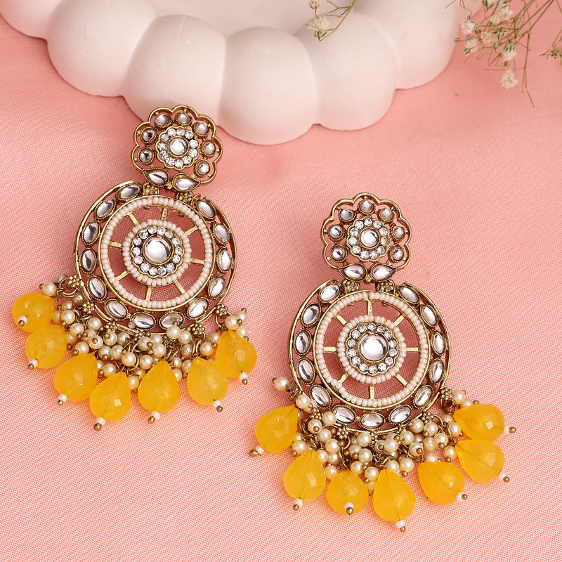 Traditional Gold Plated kundan Studded Yellow & White Pearl Beaded Royal Jhumkas Earrings