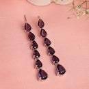 Rhodium Plated Silver Toned Teardrop Shaped Purple American Diamond Studded Linear Dangler Earrings