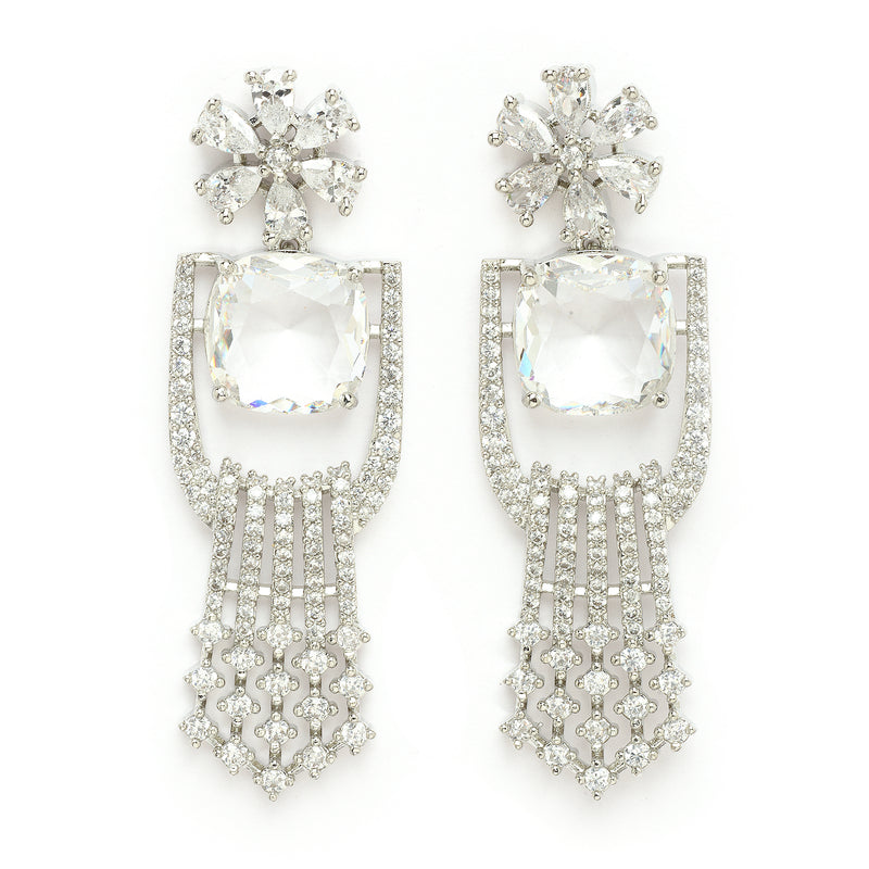 Rhodium Plated Silver Toned White American Diamond Studded Jewellery Set