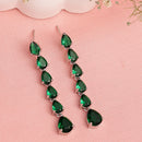 Rhodium Plated Silver Toned Teardrop Shaped Green American Diamond Studded Linear Dangler Earrings