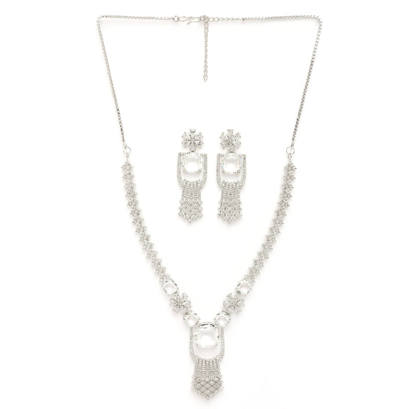Rhodium Plated Silver Toned White American Diamond Studded Jewellery Set