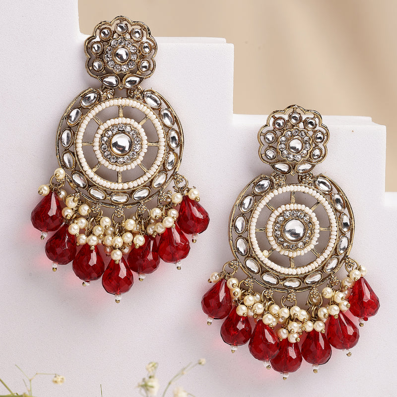 Traditional Gold Plated kundan Studded Red & White Pearl Beaded Royal Jhumkas Earrings