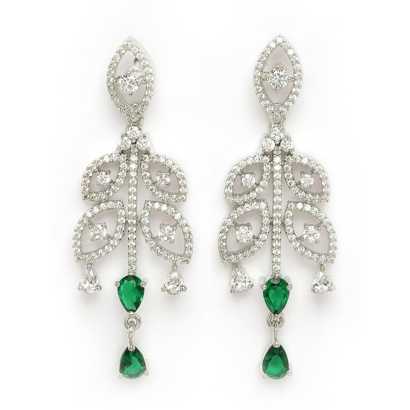 Rhodium Plated Silver Toned Green & White American Diamond Studded Jewellery Set