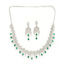 Rhodium Plated Silver Toned Green & White American Diamond Studded Jewellery Set