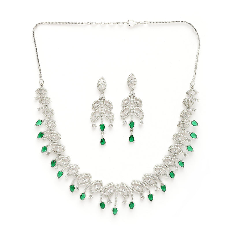 Rhodium Plated Silver Toned Green & White American Diamond Studded Jewellery Set