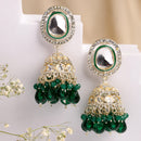 Traditional Gold Plated kundan Studded Green Glass Beaded Royal Jhumkas Earrings