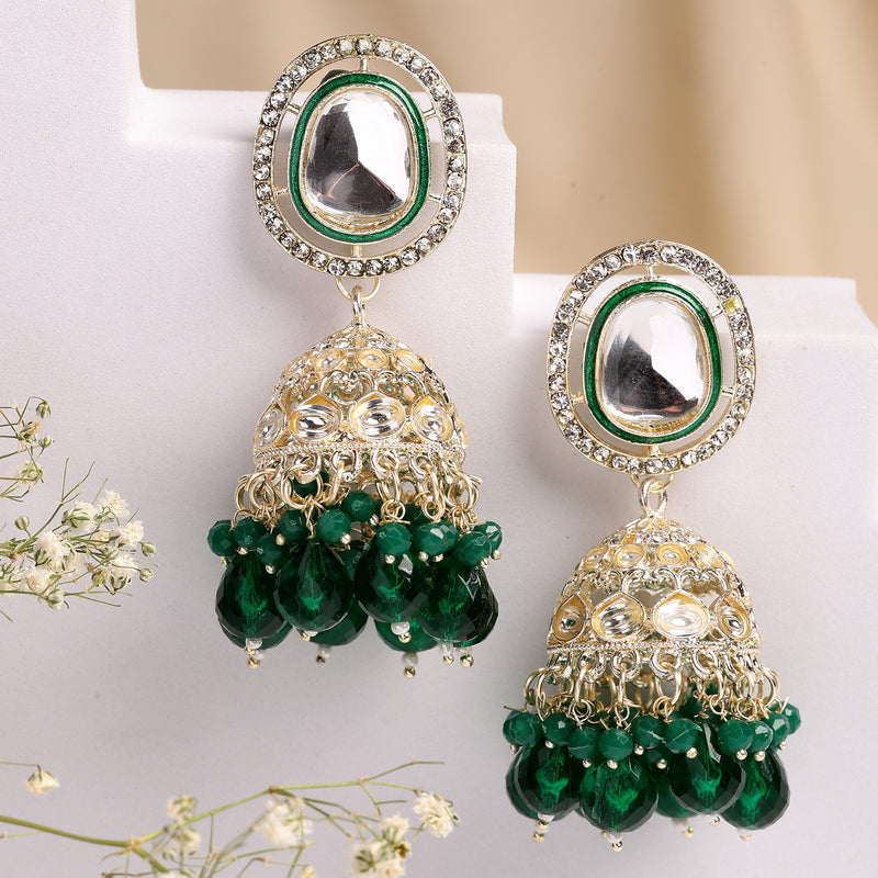 Traditional Gold Plated kundan Studded Green Glass Beaded Royal Jhumkas Earrings