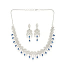 Rhodium Plated Silver Toned Blue & White American Diamond Studded Jewellery Set