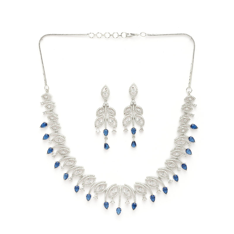 Rhodium Plated Silver Toned Blue & White American Diamond Studded Jewellery Set