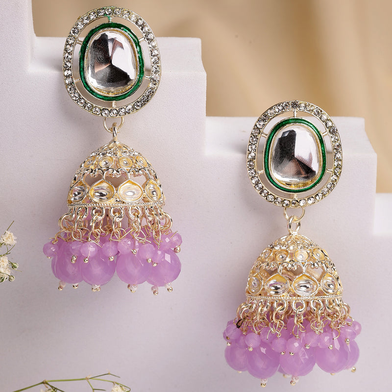 Traditional Gold Plated kundan Studded Lavender Glass Beaded Royal Jhumkas