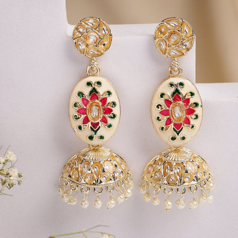 Traditional Gold Plated kundan Studded Pearl Beaded Pink & Green Meenakari Jhumka Earrings