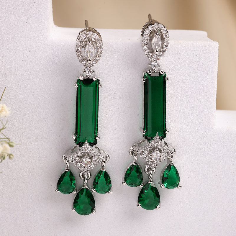 Rhodium Plated Silver Toned Bar Shaped Green & White American Diamond Studded Earrings