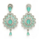 Rhodium Plated Silver Toned Ornate Shaped Sea Green & White American Diamond Studded Jewellery Set