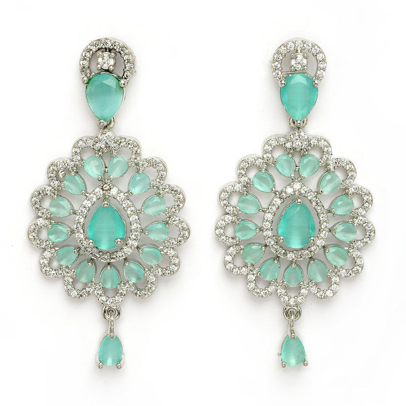 Rhodium Plated Silver Toned Ornate Shaped Sea Green & White American Diamond Studded Jewellery Set