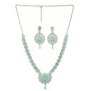 Rhodium Plated Silver Toned Ornate Shaped Sea Green & White American Diamond Studded Jewellery Set