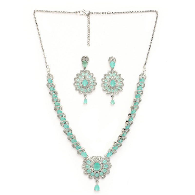 Rhodium Plated Silver Toned Ornate Shaped Sea Green & White American Diamond Studded Jewellery Set