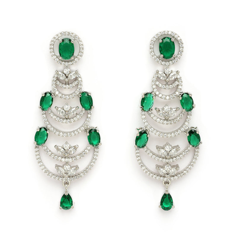 Rhodium Plated Silver Toned Crescent Shaped Green & White American Diamond Studded Jewellery Set