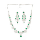 Rhodium Plated Silver Toned Crescent Shaped Green & White American Diamond Studded Jewellery Set