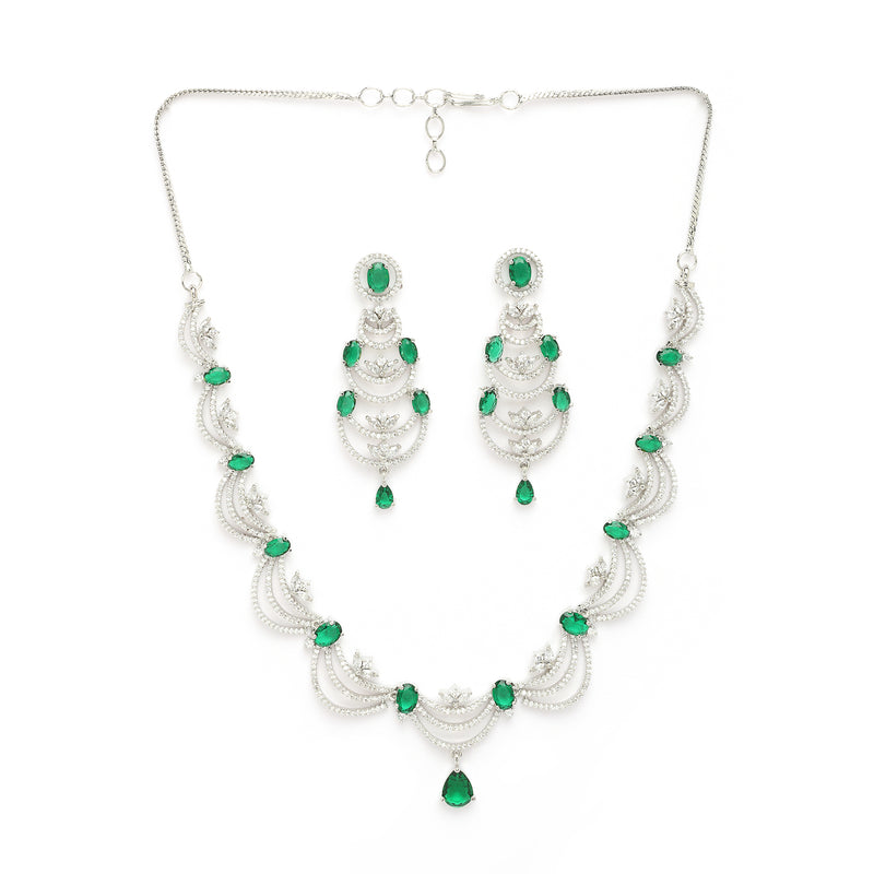 Rhodium Plated Silver Toned Crescent Shaped Green & White American Diamond Studded Jewellery Set
