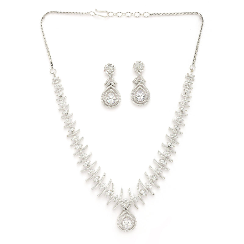 Rhodium Plated Silver Toned White American Diamond Studded Jewellery Set