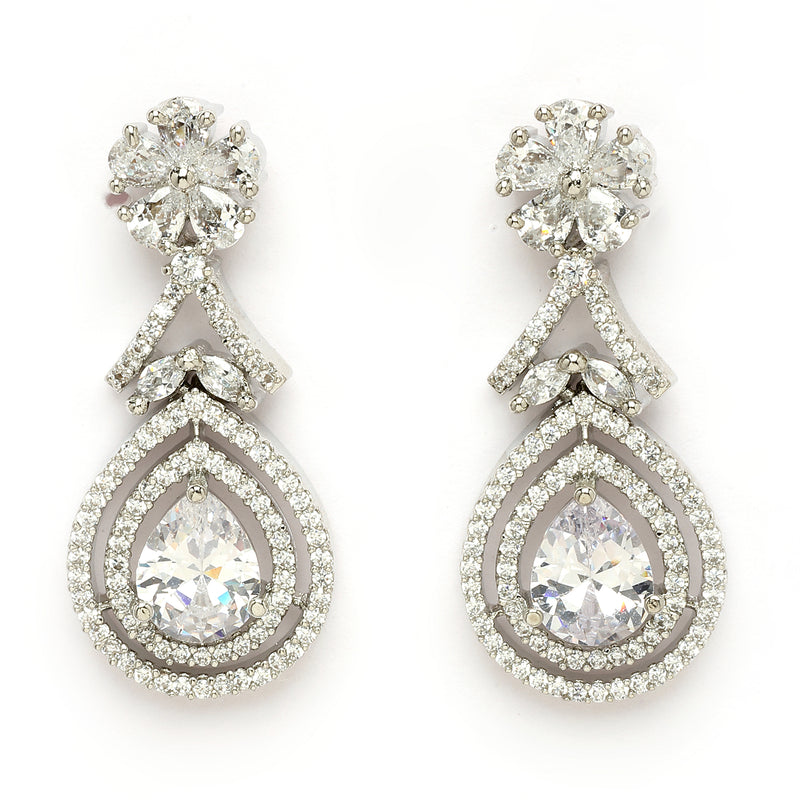 Rhodium Plated Silver Toned White American Diamond Studded Jewellery Set