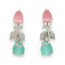 Rhodium Plated Silver Toned Leaf Teardrop Shaped Pink & Sea Green American Diamond Studded Jewellery Set