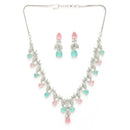 Rhodium Plated Silver Toned Leaf Teardrop Shaped Pink & Sea Green American Diamond Studded Jewellery Set