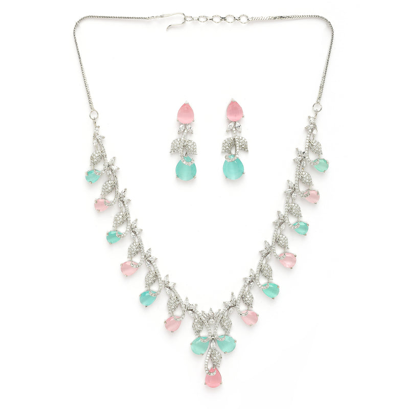 Rhodium Plated Silver Toned Leaf Teardrop Shaped Pink & Sea Green American Diamond Studded Jewellery Set