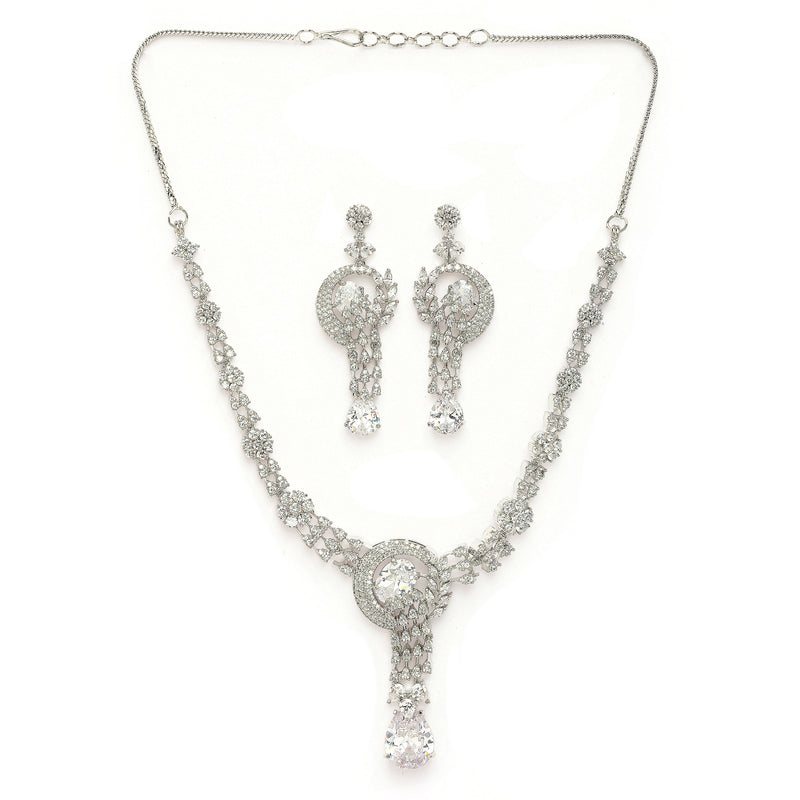 Rhodium Plated Silver Toned White American Diamond Studded Jewellery SeT