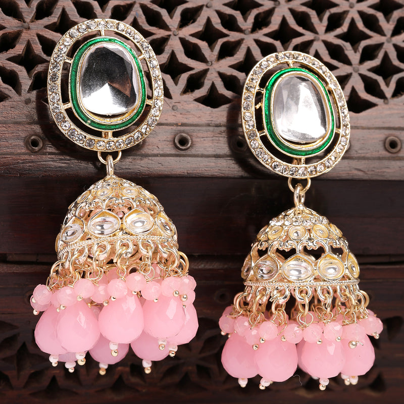 Traditional Gold Plated kundan Studded Pink Glass Beaded Royal Jhumkas Earrings