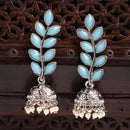 Oxidised Silver Toned Dome Shaped Blue CZ Studded Pearl Beaded Jhumkas Earrings
