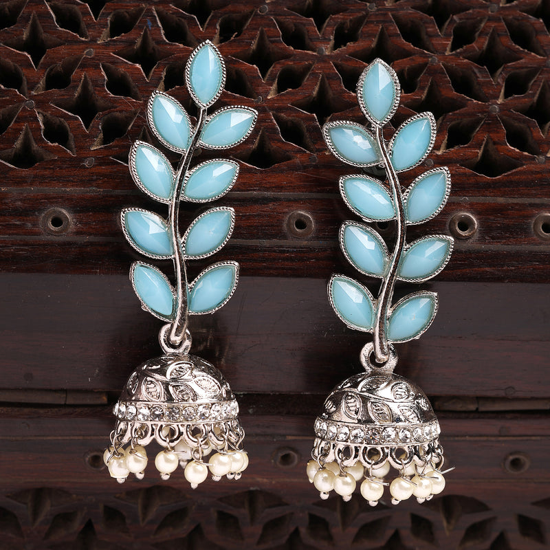 Oxidised Silver Toned Dome Shaped Blue CZ Studded Pearl Beaded Jhumkas Earrings