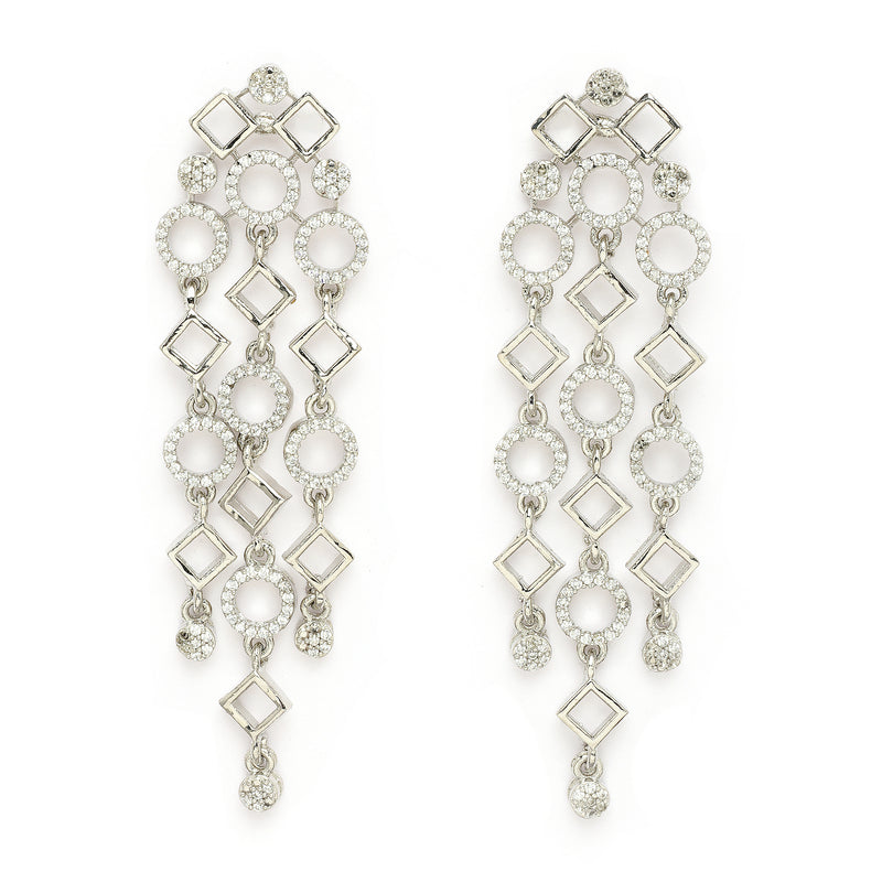 Rhodium Plated Silver Toned Geometrical Shaped White American Diamond Studded Jewellery Set