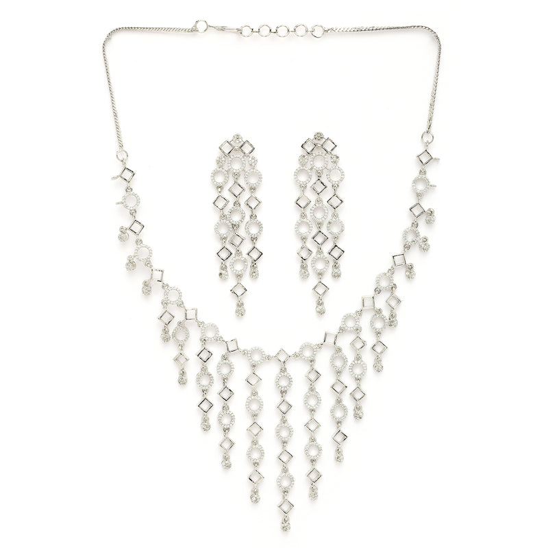 Rhodium Plated Silver Toned Geometrical Shaped White American Diamond Studded Jewellery Set