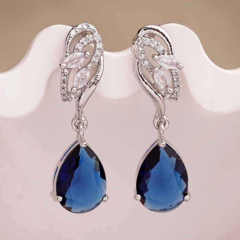 Rhodium Plated Silver Toned Teardrop Shaped Navy Blue & White American Diamond Studded Drop Earrings