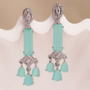 Rhodium Plated Silver Toned Bar Shaped Sea Green & White American Diamond Studded Earrings