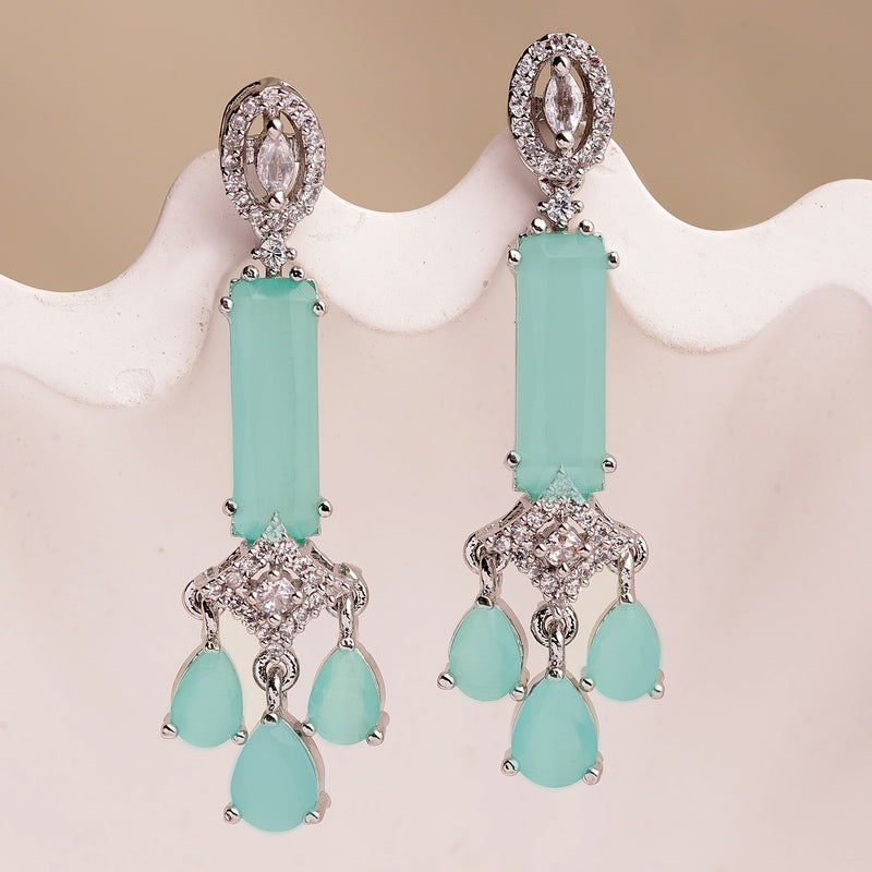 Rhodium Plated Silver Toned Bar Shaped Sea Green & White American Diamond Studded Earrings