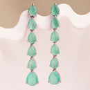 Rhodium Plated Silver Toned Teardrop Shaped Sea Green American Diamond Studded Linear Dangler Earrings