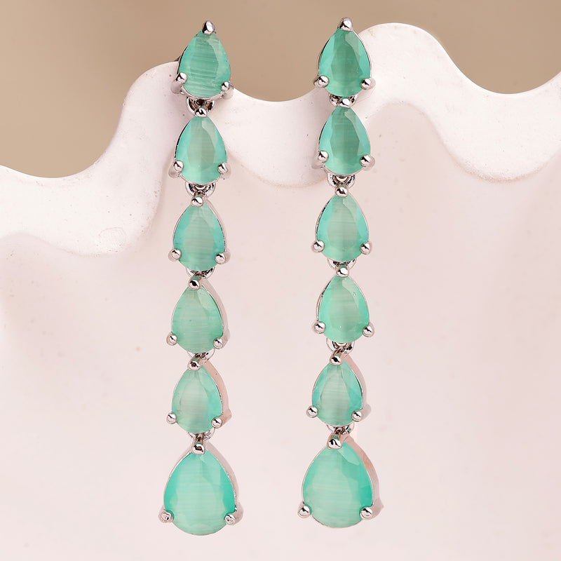 Rhodium Plated Silver Toned Teardrop Shaped Sea Green American Diamond Studded Linear Dangler Earrings
