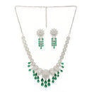 Rhodium Plated Silver Toned Teardrop Shaped Green & White American Diamond Studded Jewellery Set