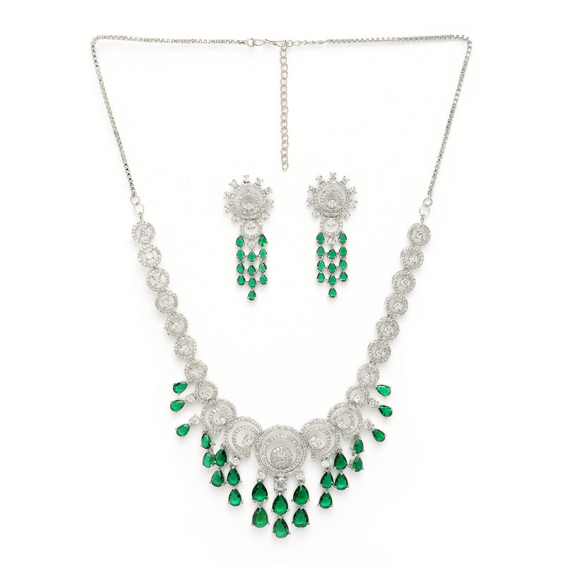 Rhodium Plated Silver Toned Teardrop Shaped Green & White American Diamond Studded Jewellery Set