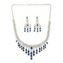 Rhodium Plated Silver Toned Teardrop Shaped Blue & White American Diamond Studded Jewellery Set