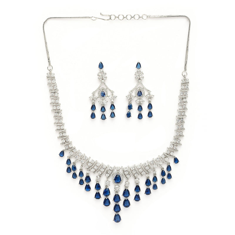 Rhodium Plated Silver Toned Teardrop Shaped Blue & White American Diamond Studded Jewellery Set