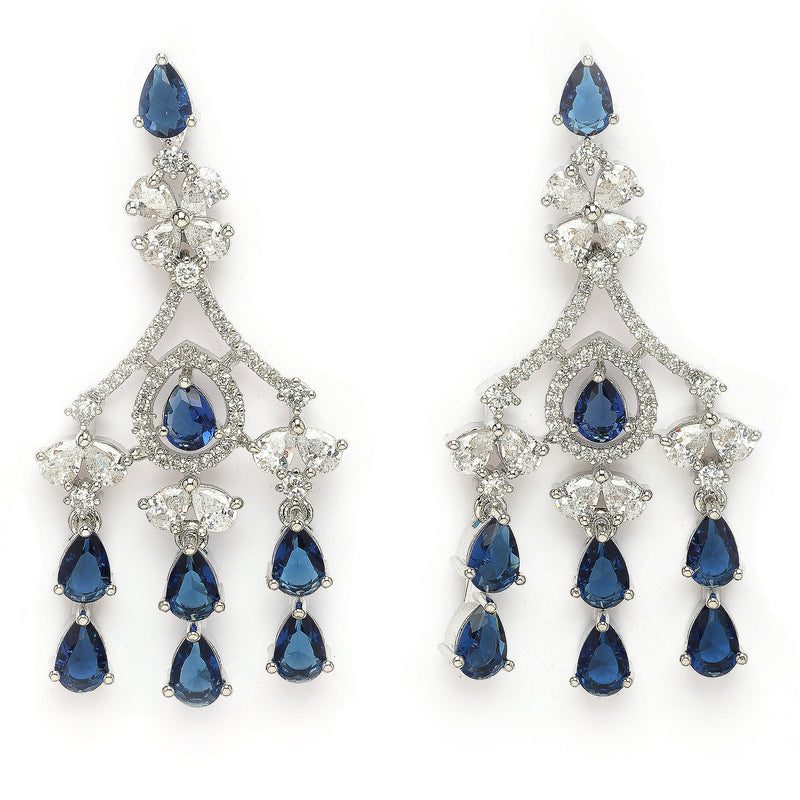 Rhodium Plated Silver Toned Teardrop Shaped Blue & White American Diamond Studded Jewellery Set