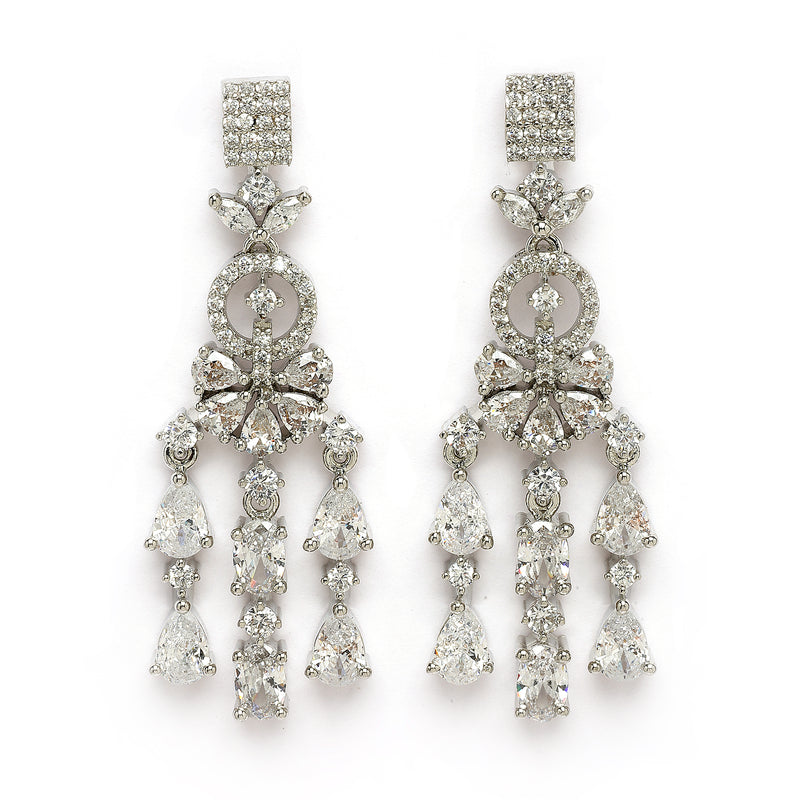 Rhodium Plated Silver Toned White American Diamond Studded Jewellery Set