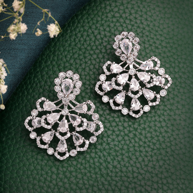 Rhodium Plated Silver Toned Petal Cluster White American Diamond Studded Earrings
