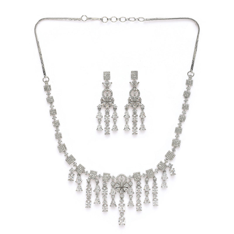 Rhodium Plated Silver Toned White American Diamond Studded Jewellery Set