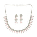 Rhodium Plated Silver Toned Pink & White American Diamond Studded Jewellery Set