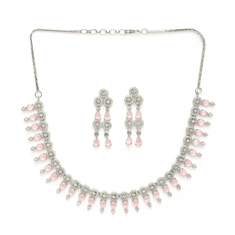 Rhodium Plated Silver Toned Pink & White American Diamond Studded Jewellery Set