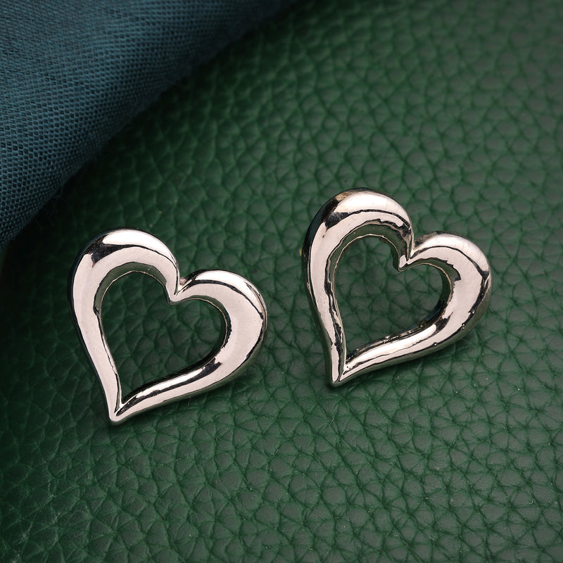Rhodium Plated Silver Toned Heart Shaped Stud Earrings